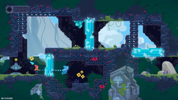 Mae e il suo compagno spirituale Bao in un livello di TetherGeist su Nintendo Switch