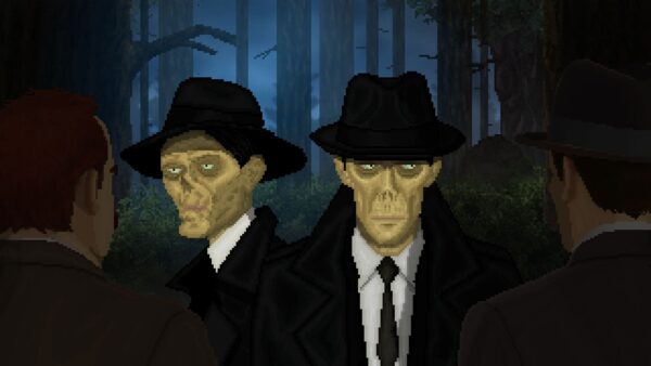 Immagine di gioco di The Dark Rites of Arkham che mostra un'ambientazione pixel art oscura con personaggi.