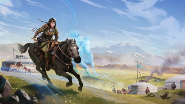 Immagine chiave di The Legend of Khiimori che mostra un cavaliere mongolo in un paesaggio vasto.