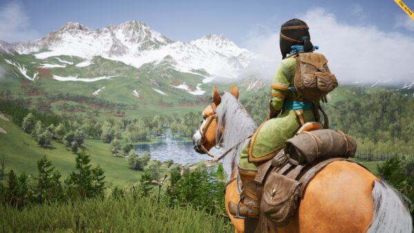 Un corriere a cavallo attraversa le steppe mongole nel videogioco The Legend of Khiimori.