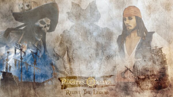 Immagine promozionale del documentario Kraken's Wake di The Legend of Pirates Online, con il Kraken in evidenza e strumenti musicali