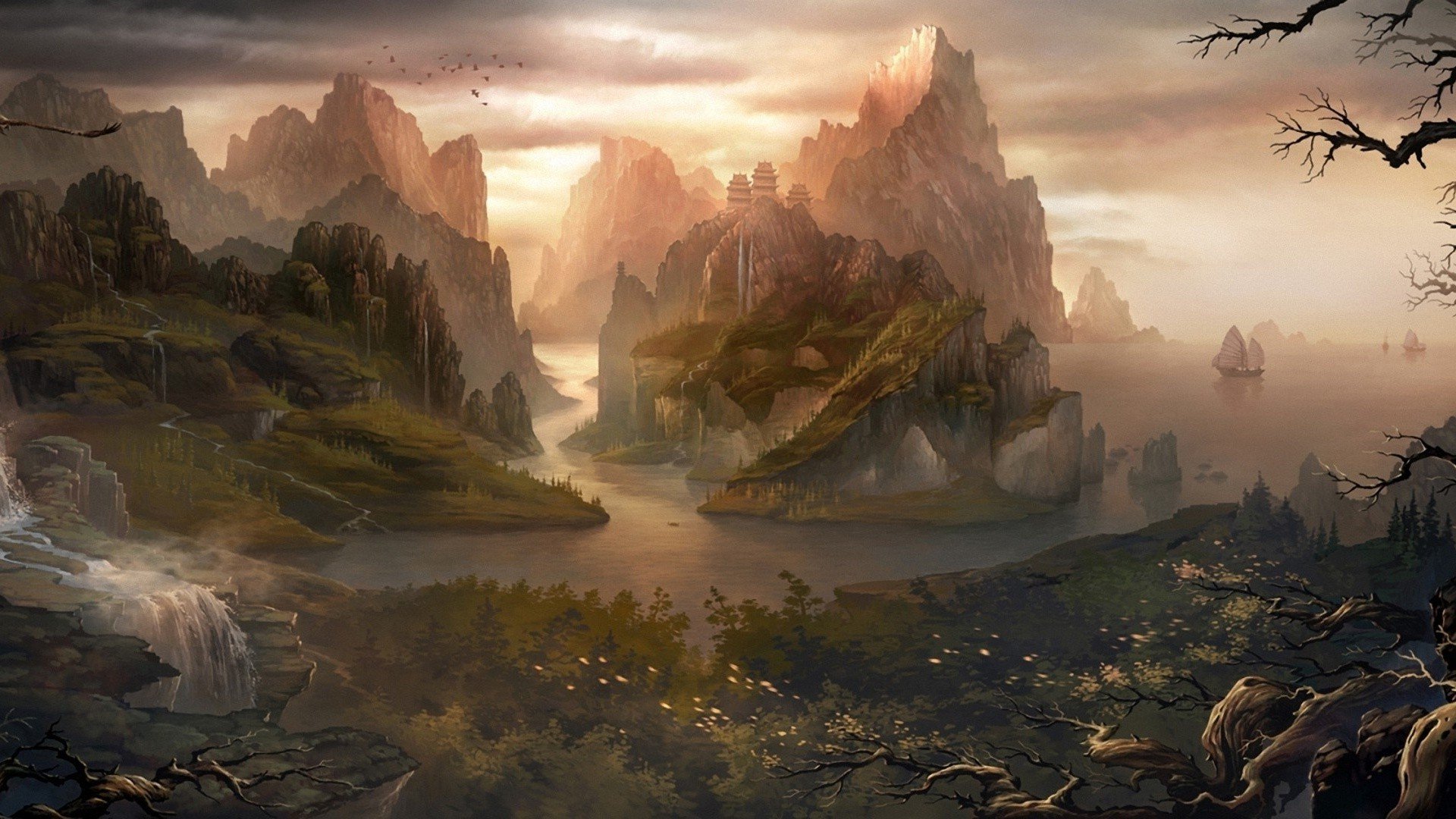 Illustrazione del gioco da tavolo The Realm of Silvanus con templi e guardiani