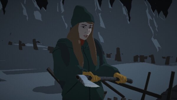 Screenshot di gioco di The Tragedy at Deer Creek che mostra un paesaggio innevato e un personaggio in lontananza