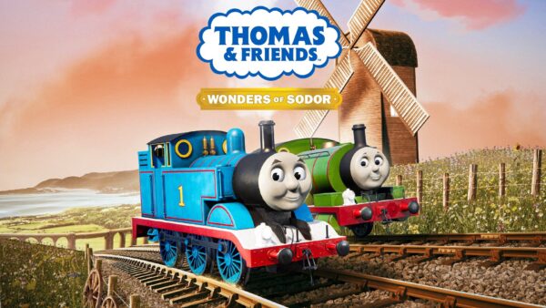 Il trenino Thomas e i suoi amici in una scena di gioco su un binario dell'Isola di Sodor