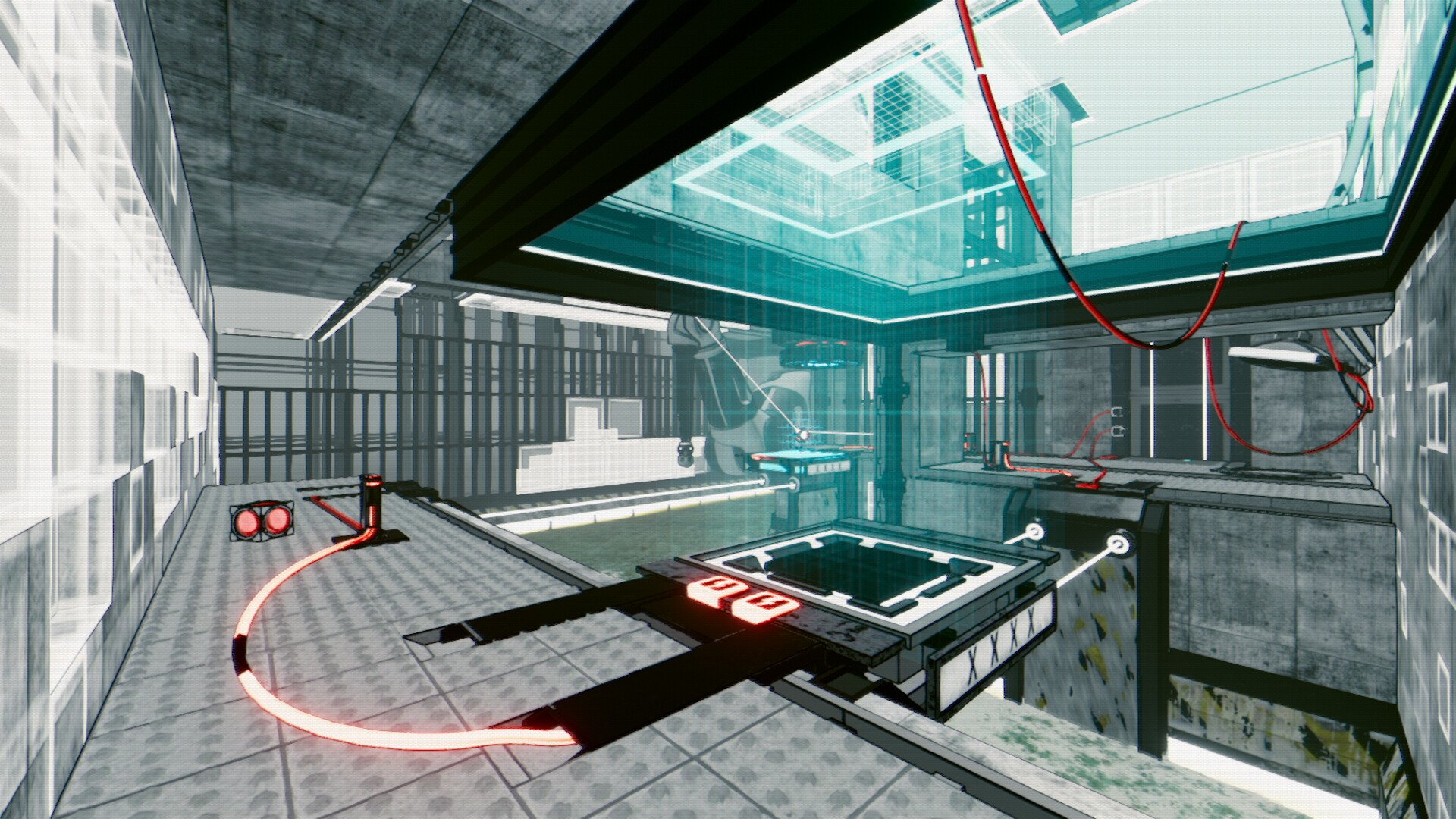Un'immagine di gioco di Total Reload che mostra un ambiente sci-fi con enigmi ambientali