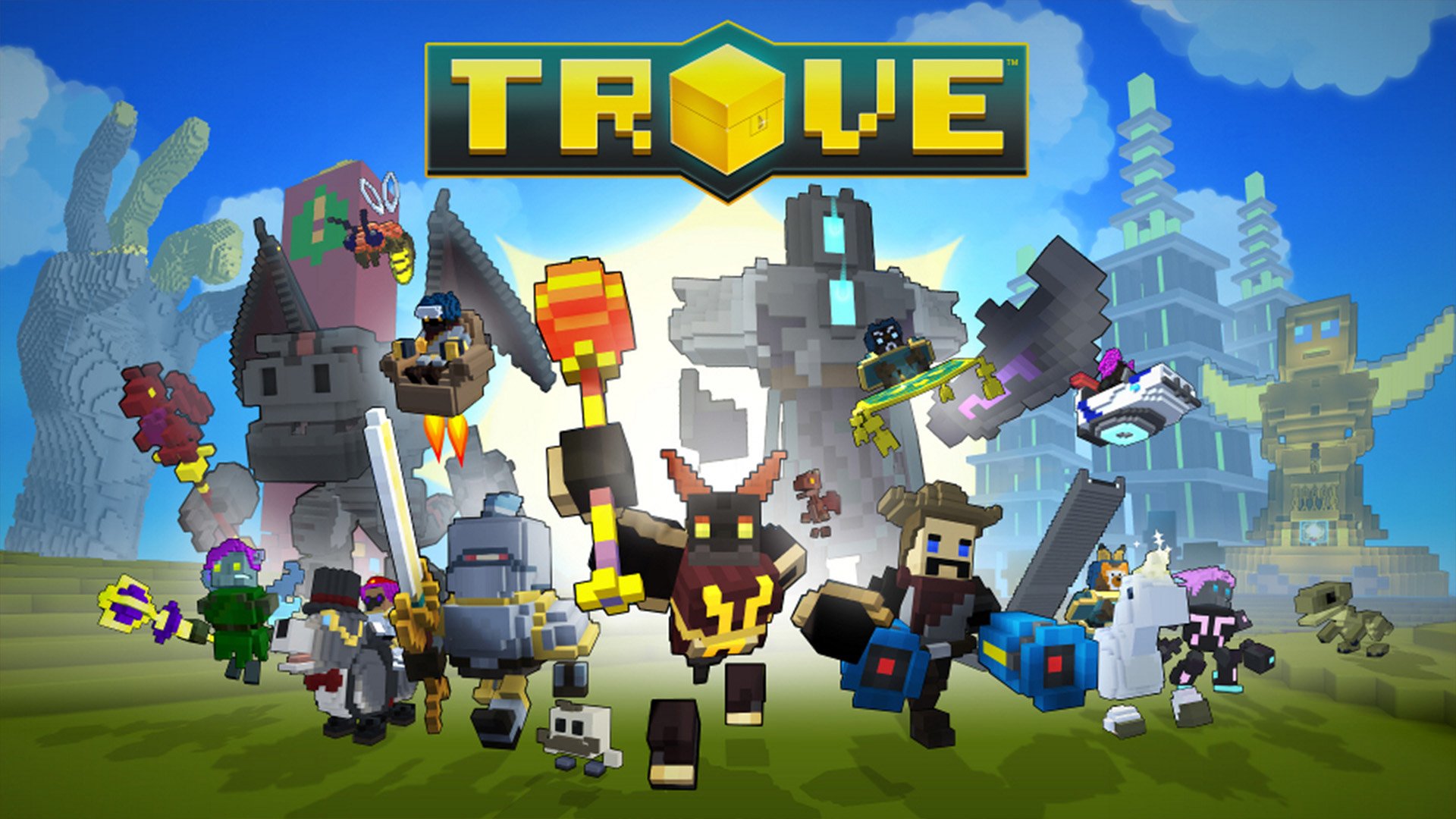 Personaggi di Trove circondati da Heckbug in un ambiente voxel colorato