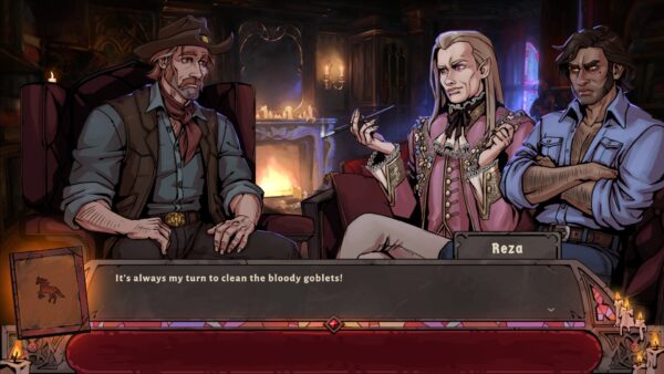 Un vampiro terapeuta con un cliente in una scena di gioco di Vampire Therapist su console.