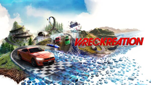 Immagine di gameplay di Wreckreation con veicoli da costruzione e strutture modulari.