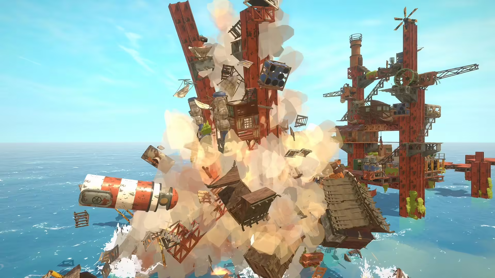 Immagine di gameplay di All Will Fall che mostra una città verticale in un mondo sommerso