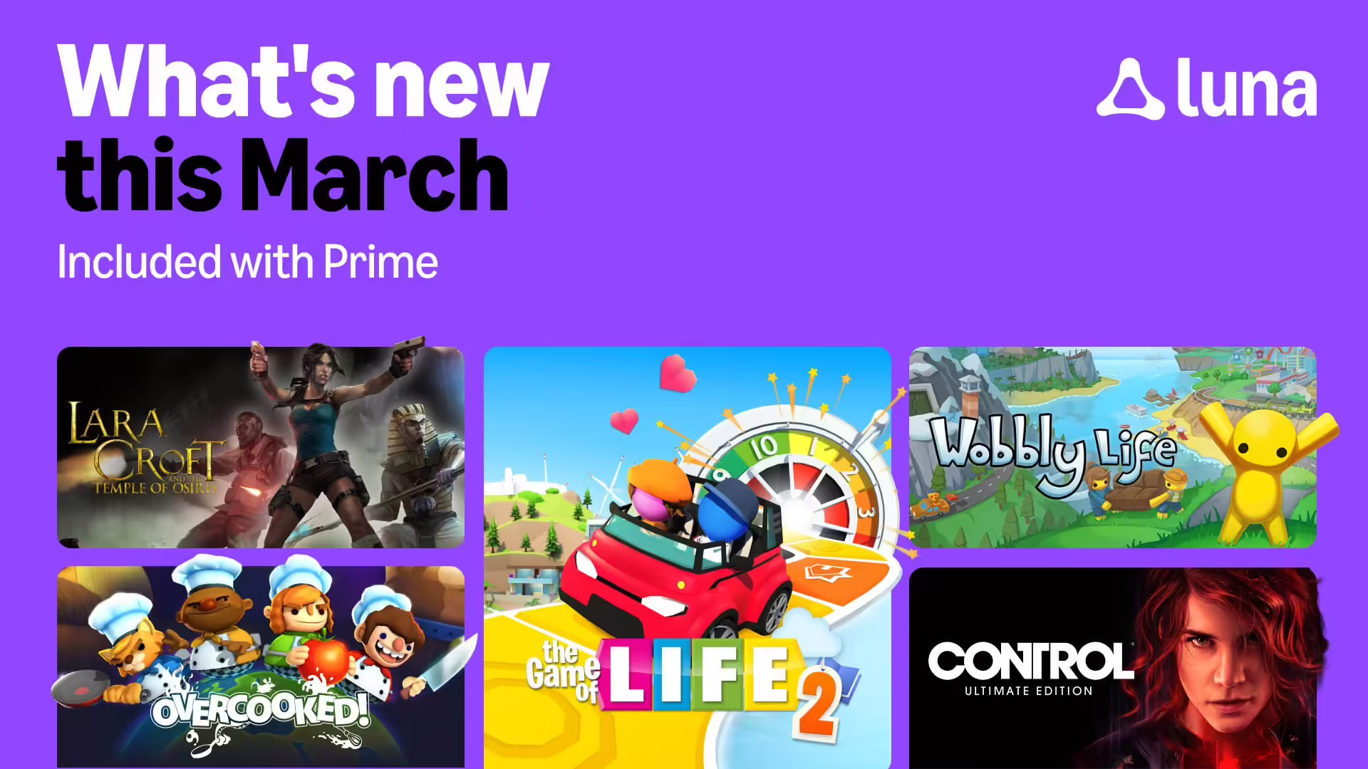 Immagine composita che mostra i loghi dei giochi Lara Croft and the Temple of Osiris e Control, annunciati per Amazon Luna a marzo 2026.
