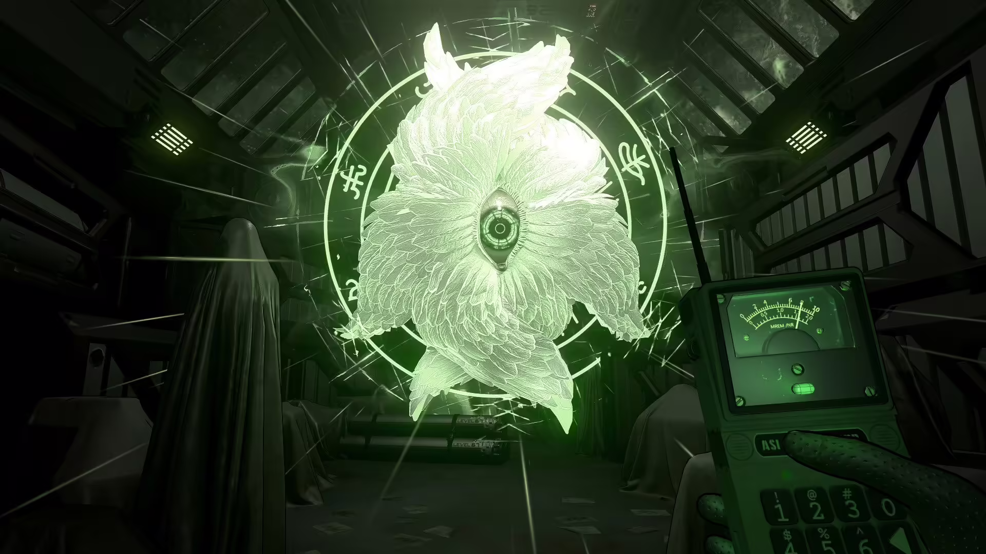 Screenshot di Angels In Orbit con un personaggio in una stazione spaziale distrutta e un'entità angelica.