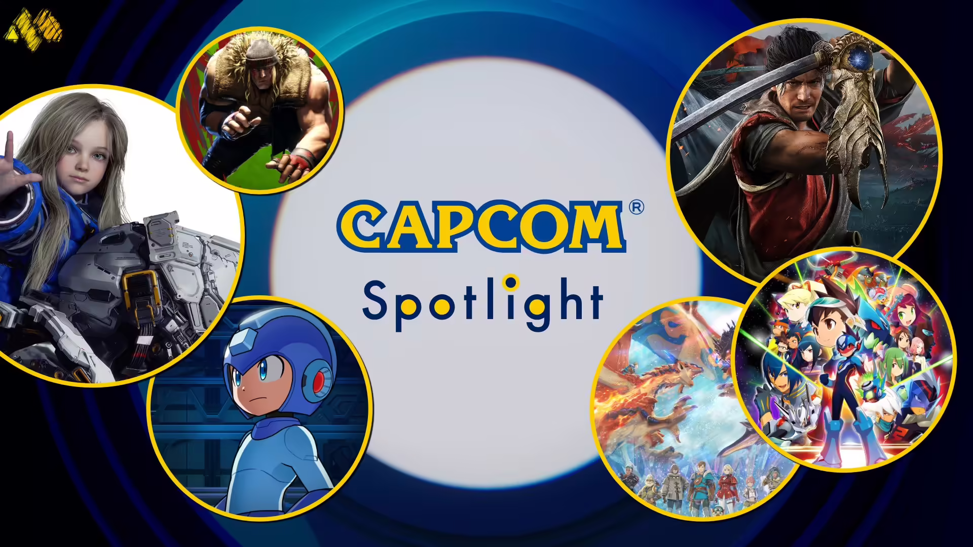 Un'immagine che riassume i titoli principali presentati durante il Capcom Spotlight tra cui Pragmata e Street Fighter 6