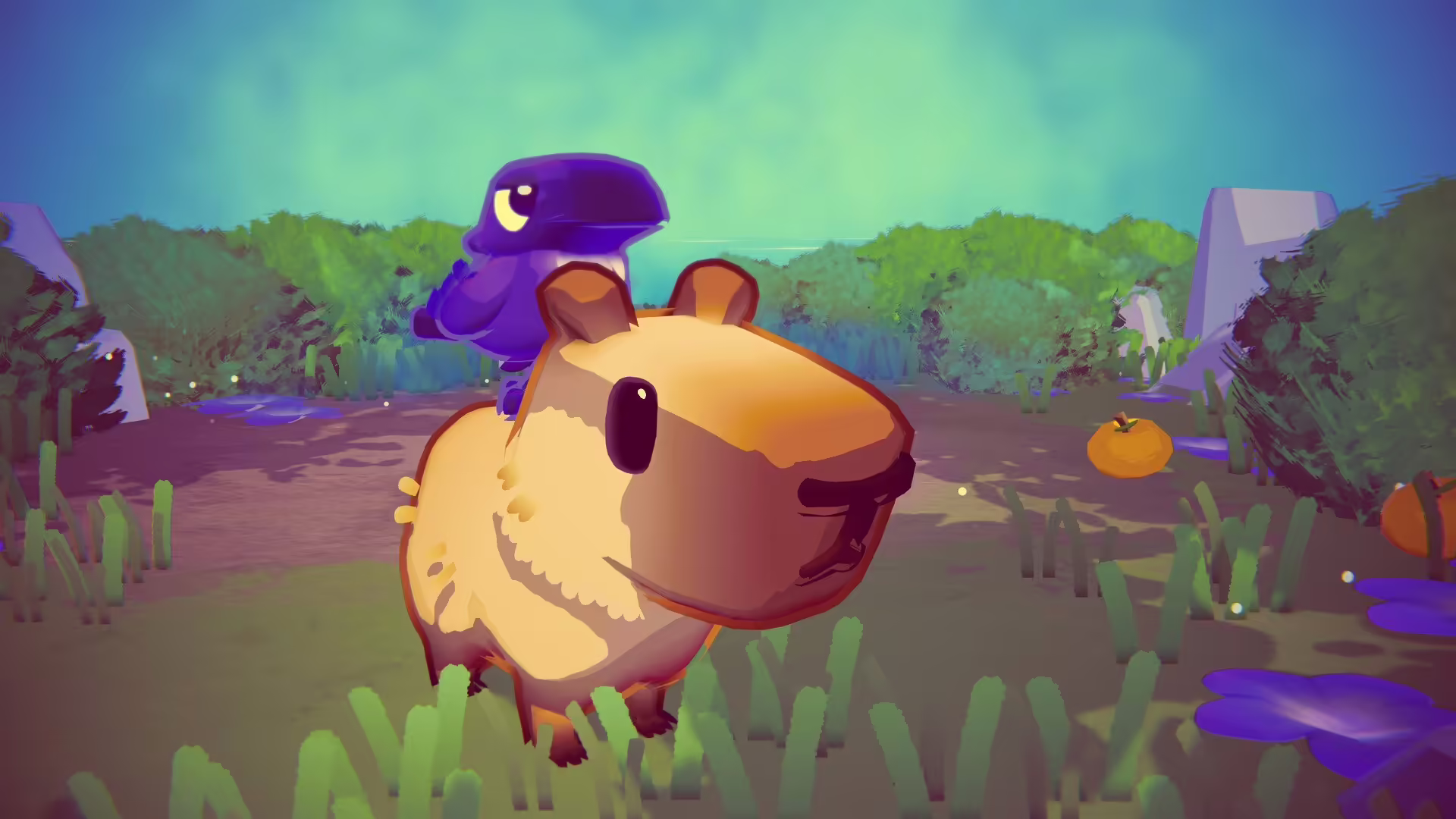 Screenshot di Capy Castaway con due personaggi, un capibara e un corvo, in modalità cooperativa