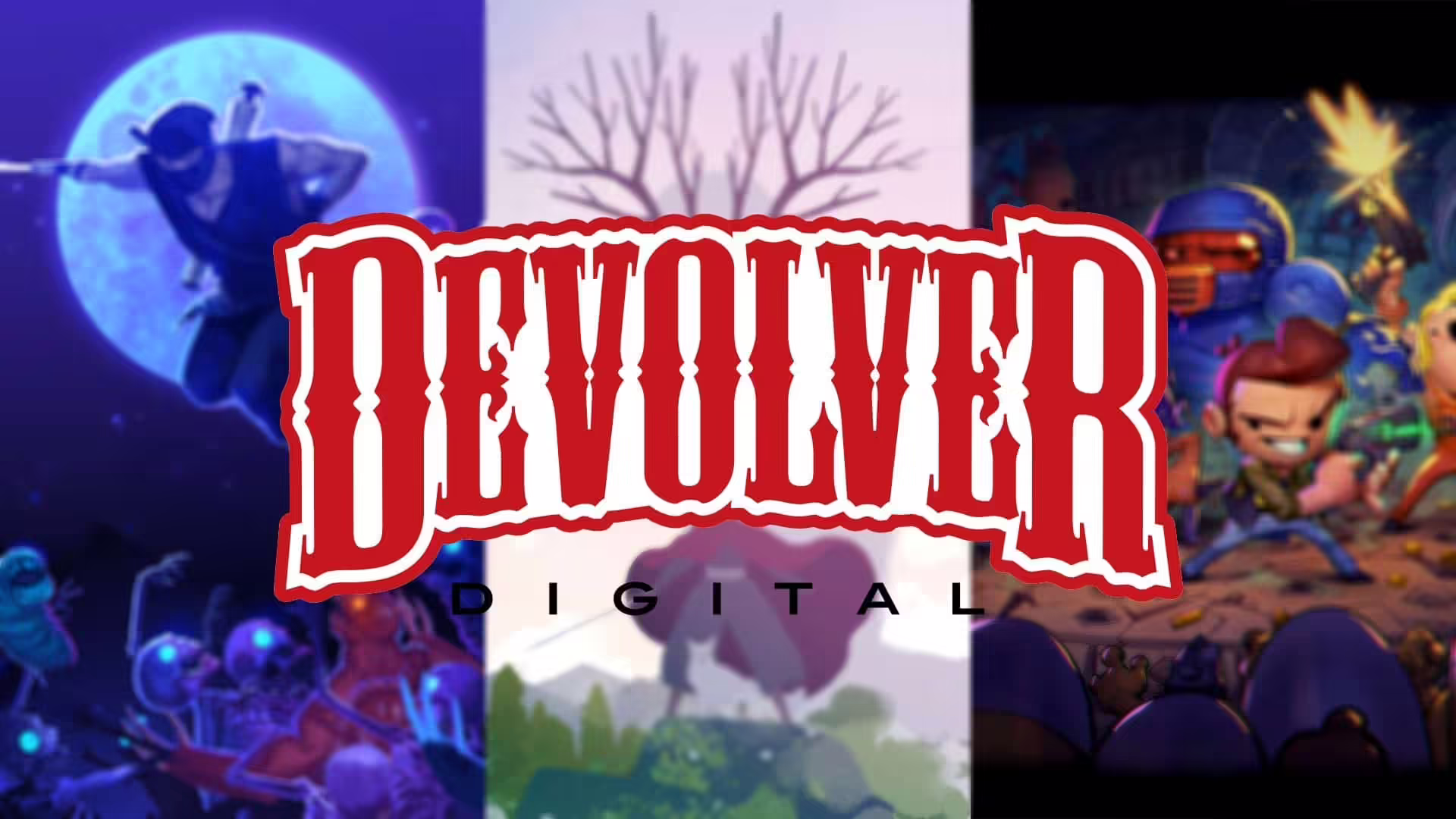 Logo Devolver Digital e bambini che giocano in un ospedale, simbolo della partnership Games for the Weans.