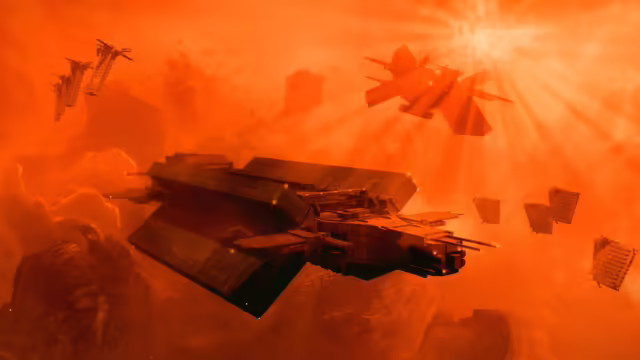 Screenshot di EVE Frontier che mostra navi spaziali in combattimento e una base modulare, con il logo Shroud of Fear.