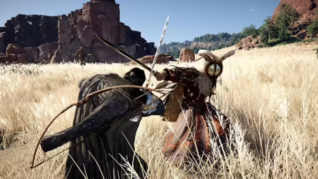 Kliff impugna una spada e uno scudo durante un combattimento in Crimson Desert