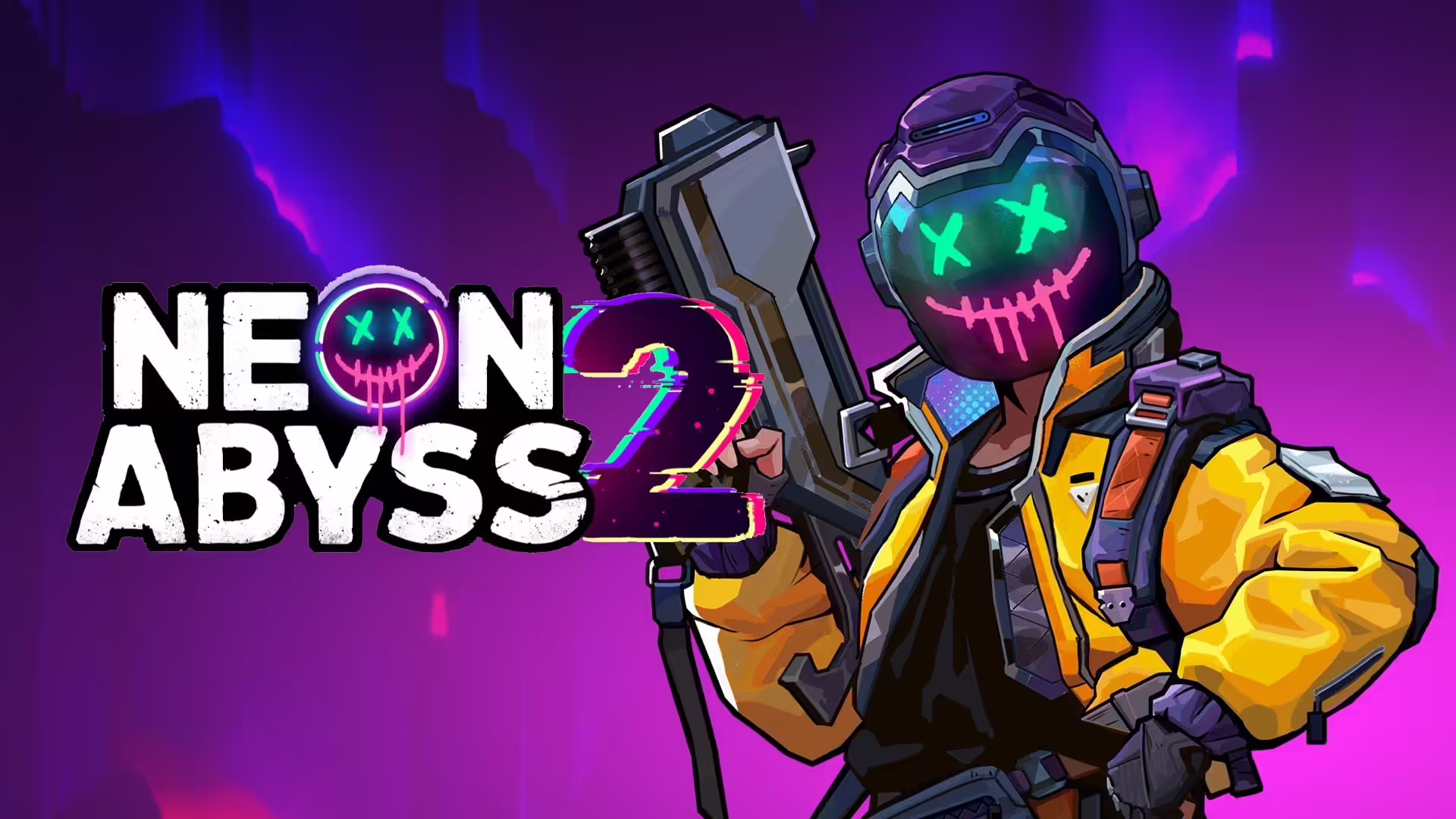 Un'immagine frenetica di Neon Abyss 2 con esplosioni neon e proiettili a schermo