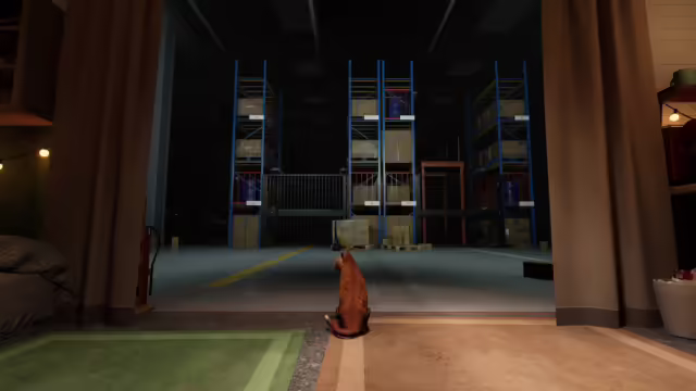 Screenshot di gameplay di ORDER 13, mostra un magazzino buio e un personaggio con una torcia, affiancato da un gatto.