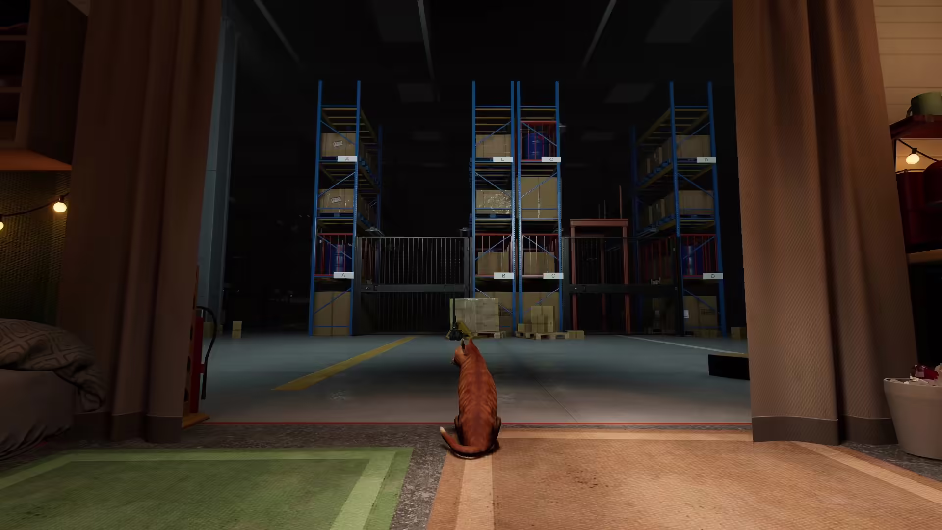Screenshot di gameplay di ORDER 13, mostra un magazzino buio e un personaggio con una torcia, affiancato da un gatto.