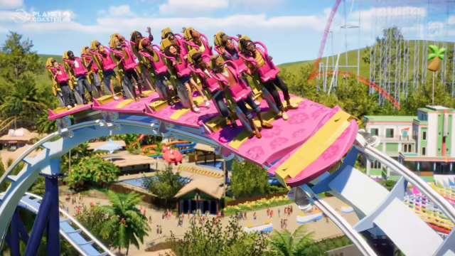 Immagine di Planet Coaster che mostra un parco divertimenti colorato e una giostra iconica