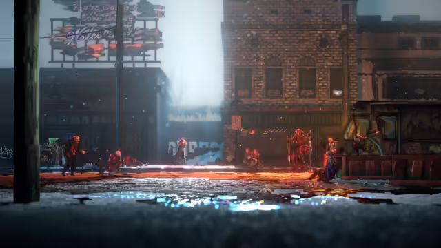 Immagine di gameplay di Replaced, un personaggio in un ambiente cyberpunk con pixel art
