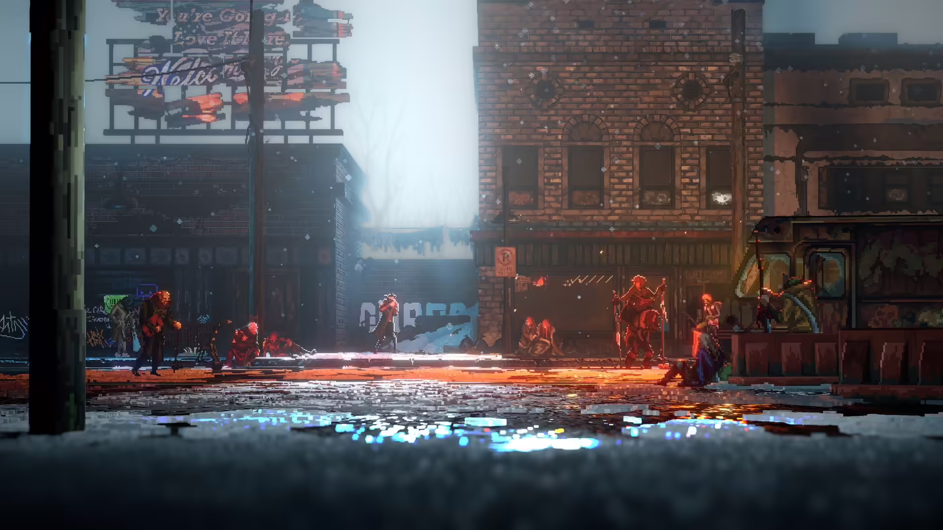 Immagine di gameplay di Replaced, un personaggio in un ambiente cyberpunk con pixel art