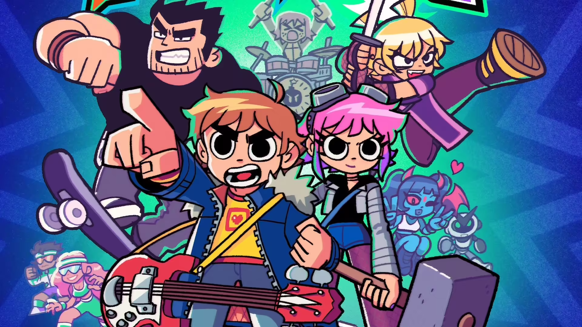 Immagine di lancio di Scott Pilgrim EX con i personaggi principali e Gideon Graves