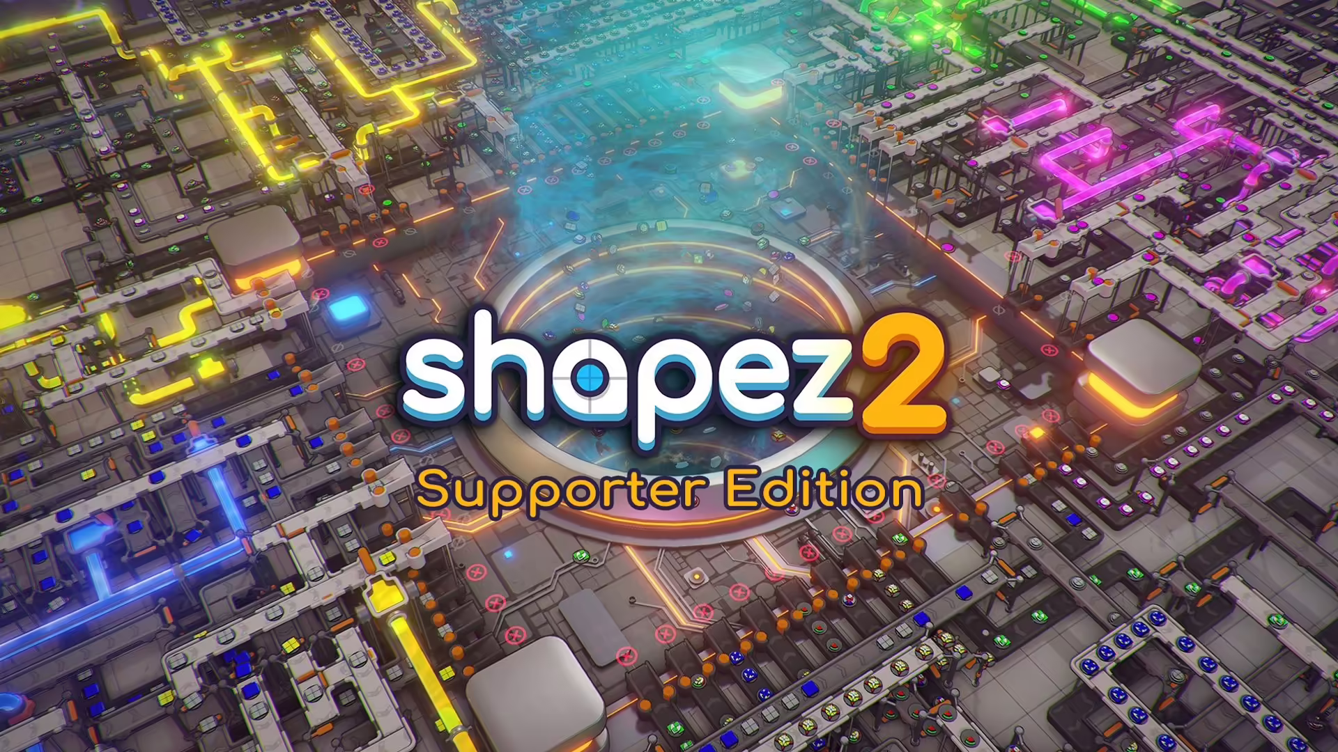 Schermata di gioco di shapez 2 che mostra una fabbrica complessa e automatizzata con forme geometriche in lavorazione.