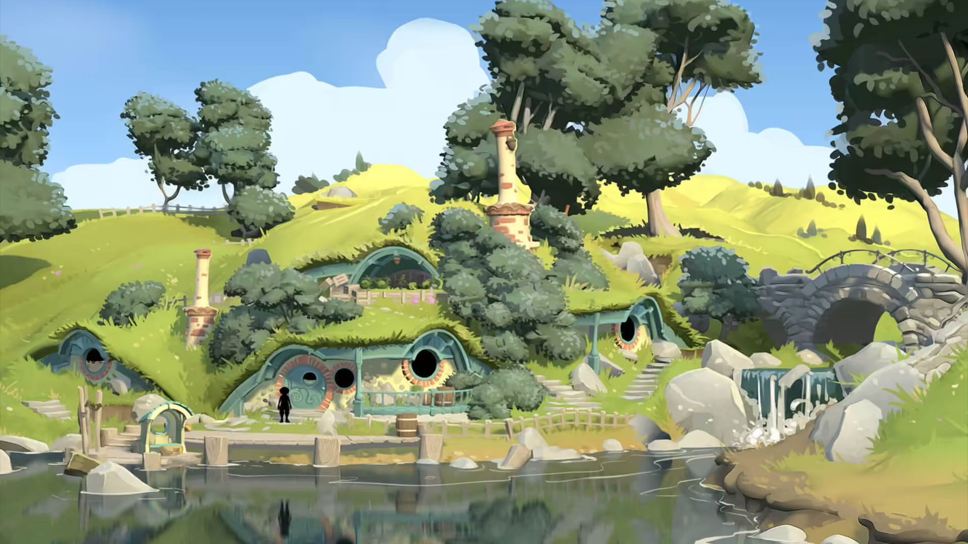 Screenshot di gameplay di Tales of the Shire con Hobbit nel villaggio, logo Nintendo Switch 2.