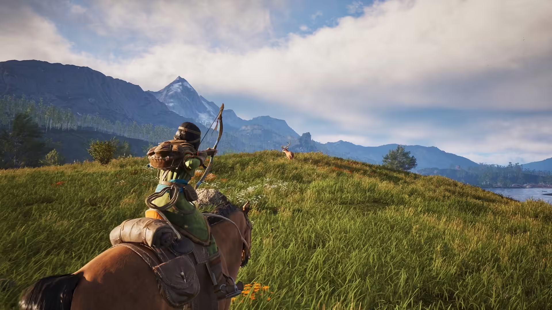 Screenshot di gioco di The Legend of Khiimori con un cavaliere nella steppa mongola
