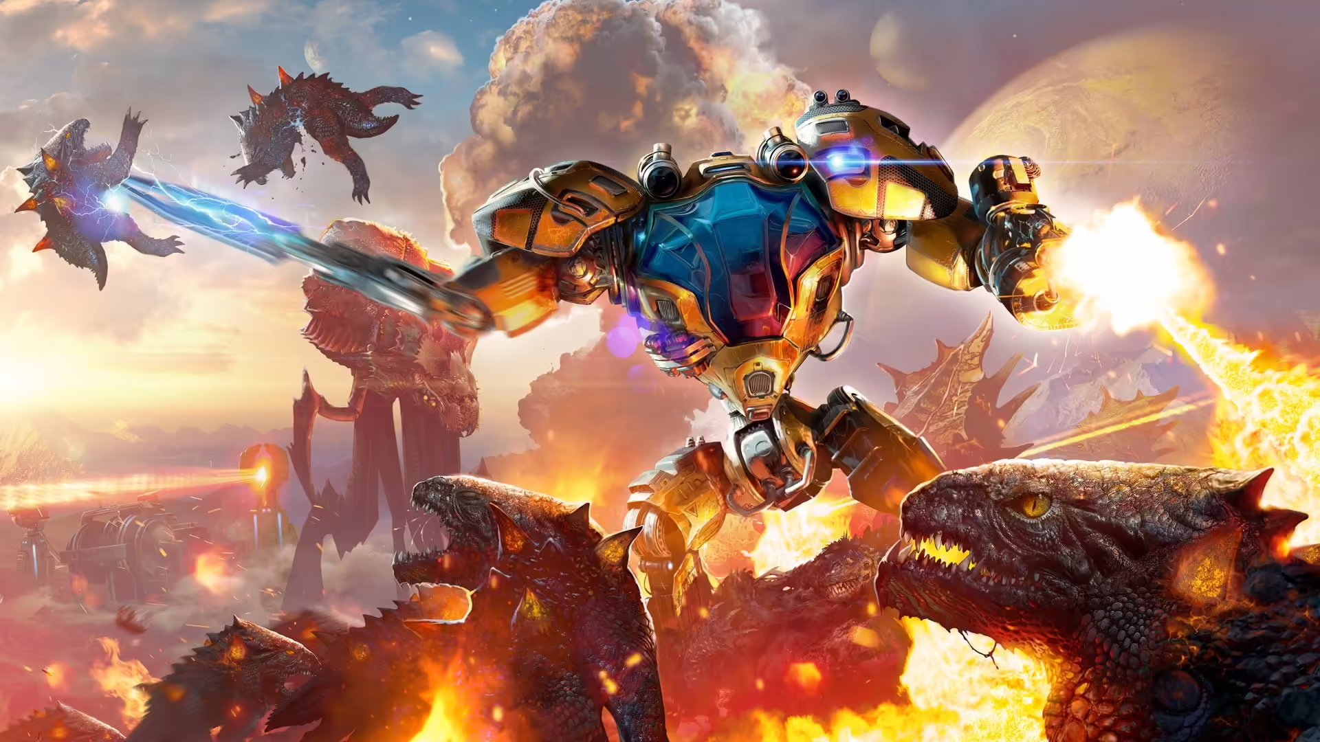Un'immagine del nuovo bioma Cryo Fields in The Riftbreaker con strutture difensive e neve
