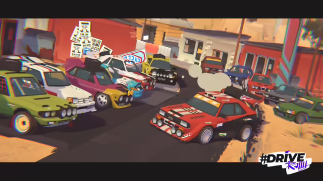 Un'auto da rally sfreccia in un paesaggio ispirato agli anni 90 in #DRIVE Rally console
