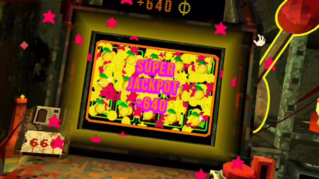Il giocatore davanti alla slot machine in una stanza buia in Clover Pit