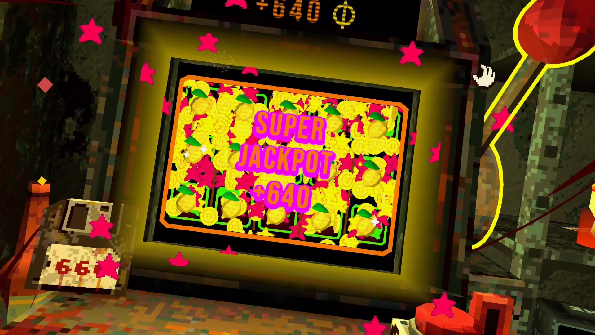 Il giocatore davanti alla slot machine in una stanza buia in Clover Pit