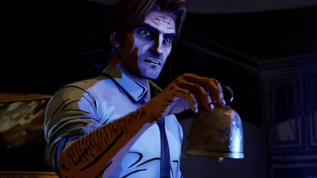 Primo piano di Bigby Wolf in stile neon noir per l'annuncio di The Wolf Among Us 2