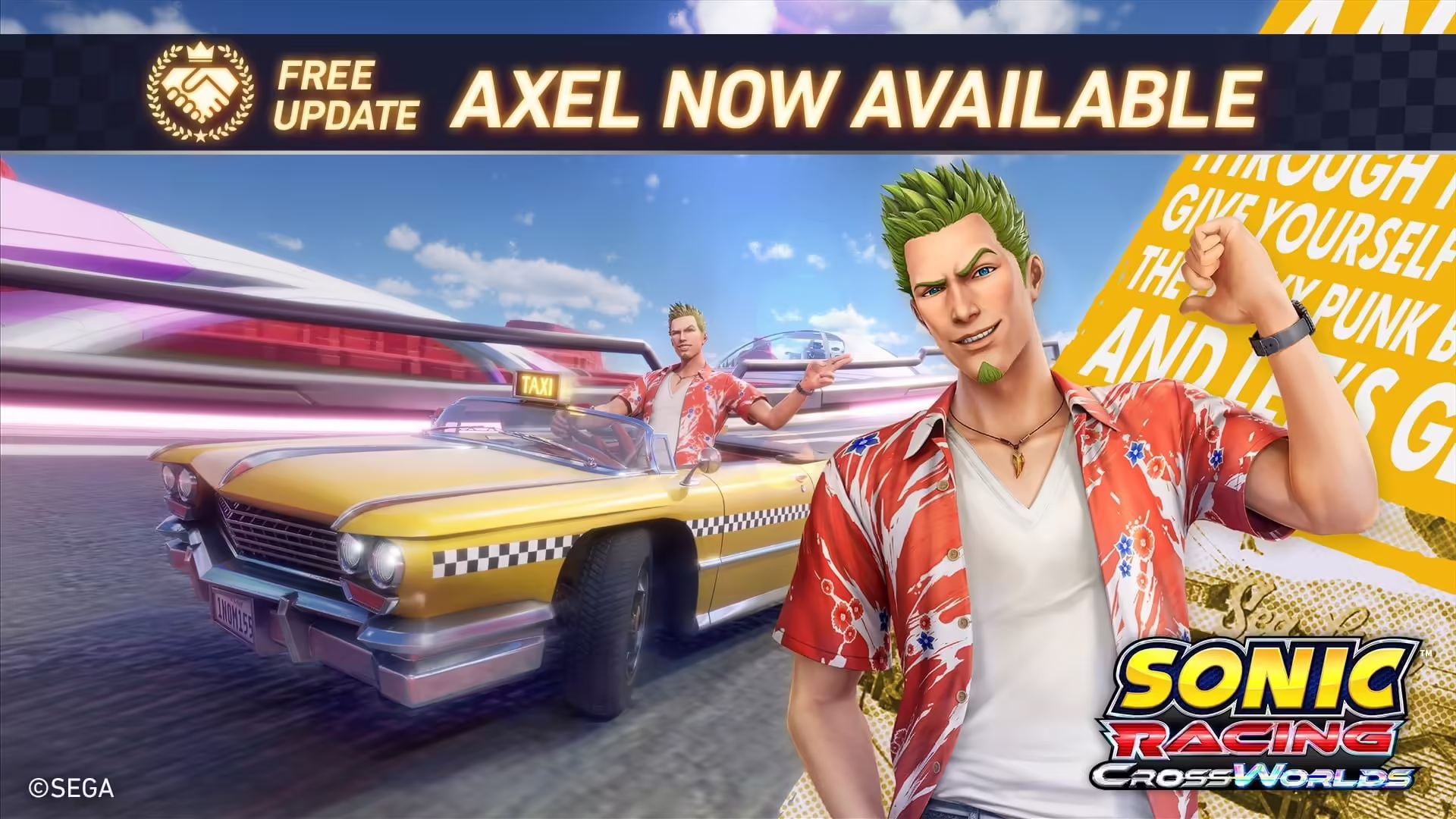Axel di Crazy Taxi a bordo della Devolada Yellow Jack in Sonic Racing CrossWorlds