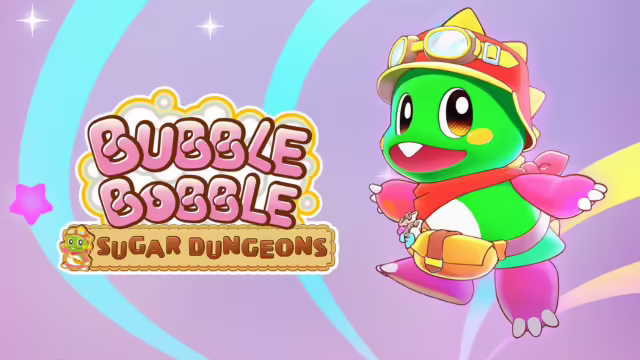 Schermata di gioco di Bubble Bobble Sugar Dungeons con il draghetto Bub in un livello a tema dolci