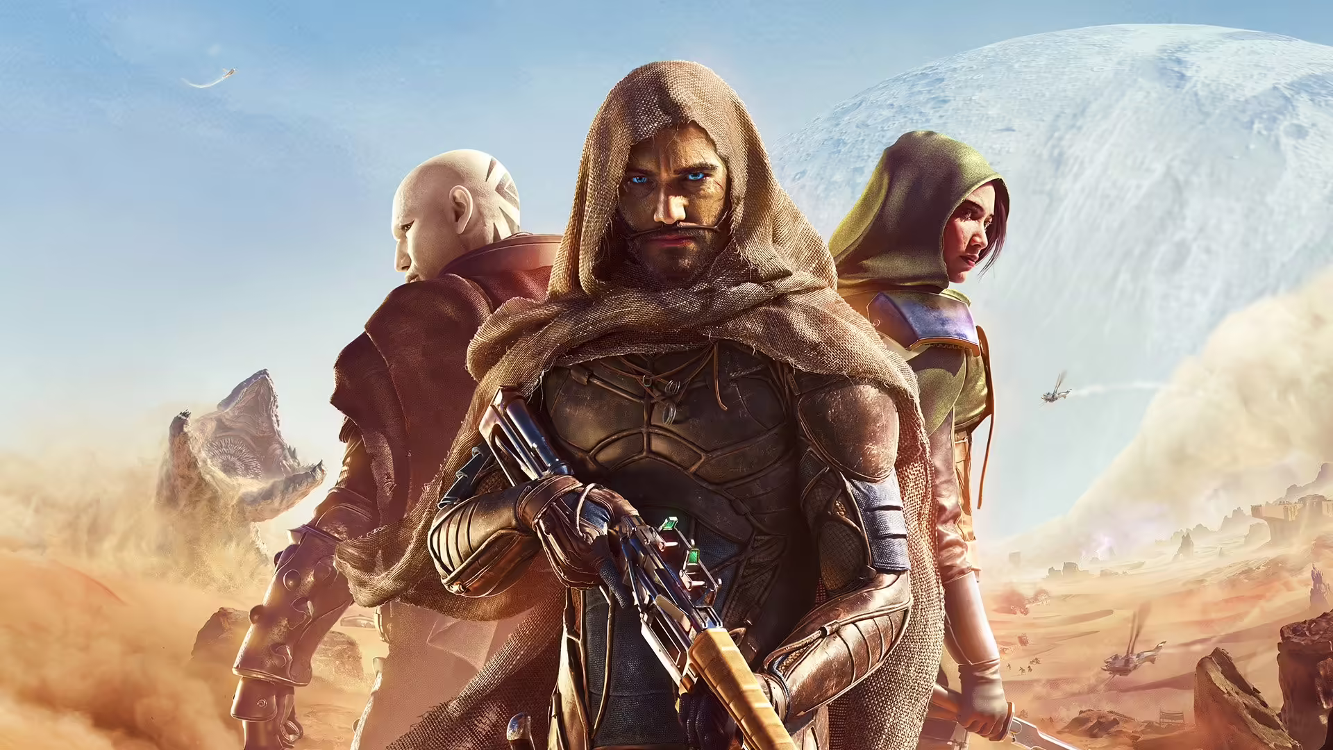 Immagine di gameplay di Dune Awakening con un personaggio in armatura nel deserto di Arrakis