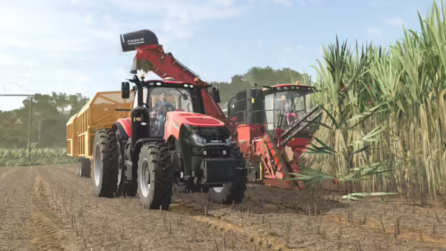 Un agricoltore virtuale gestisce una piantagione di banane in Farming Simulator 25 Beans & Alpacas