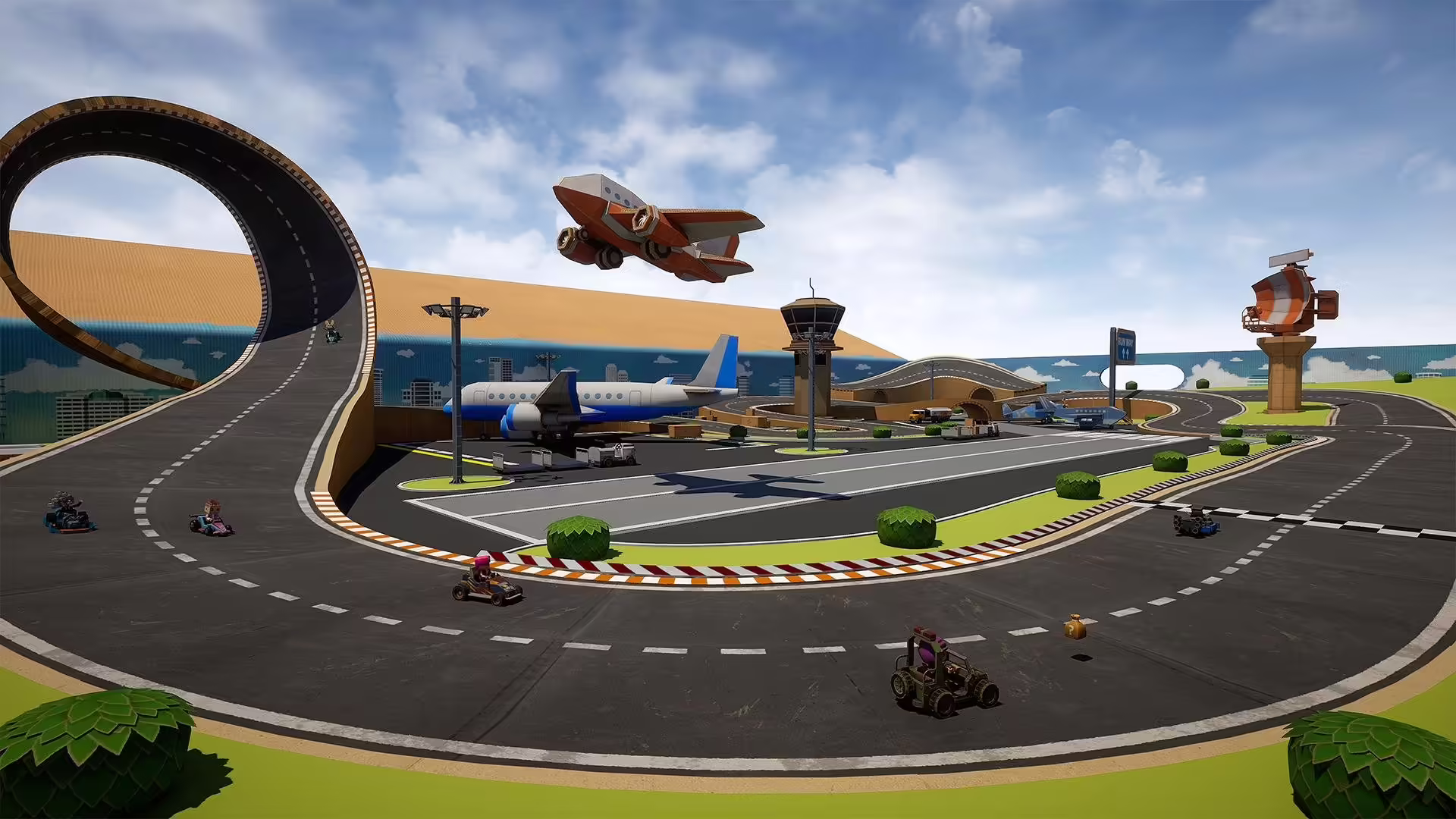 Un kart di cartone sfreccia su una pista colorata in Kartboard Dash