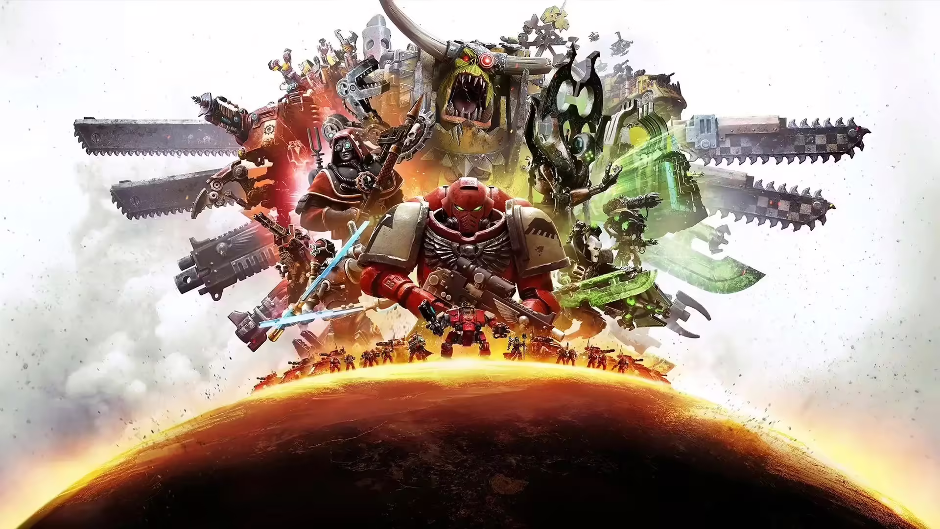 Un'unità di Necron affronta gli Orchi in una battaglia campale di Dawn of War IV