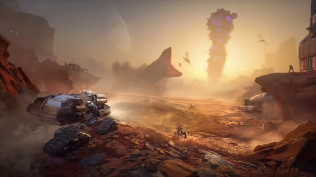 Un'immagine di Arrakis in Dune Awakening con un personaggio che osserva il deserto