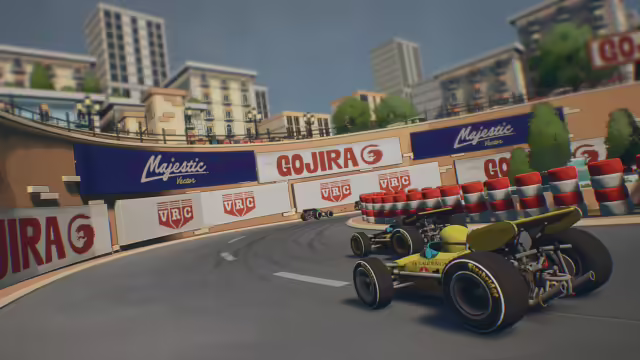 Una gara competitiva nel gioco Formula Legends con diverse monoposto a ruote scoperte.