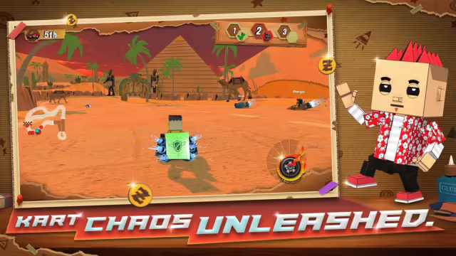 Un kart fatto di cartone sfreccia su una pista colorata in Kartboard Dash