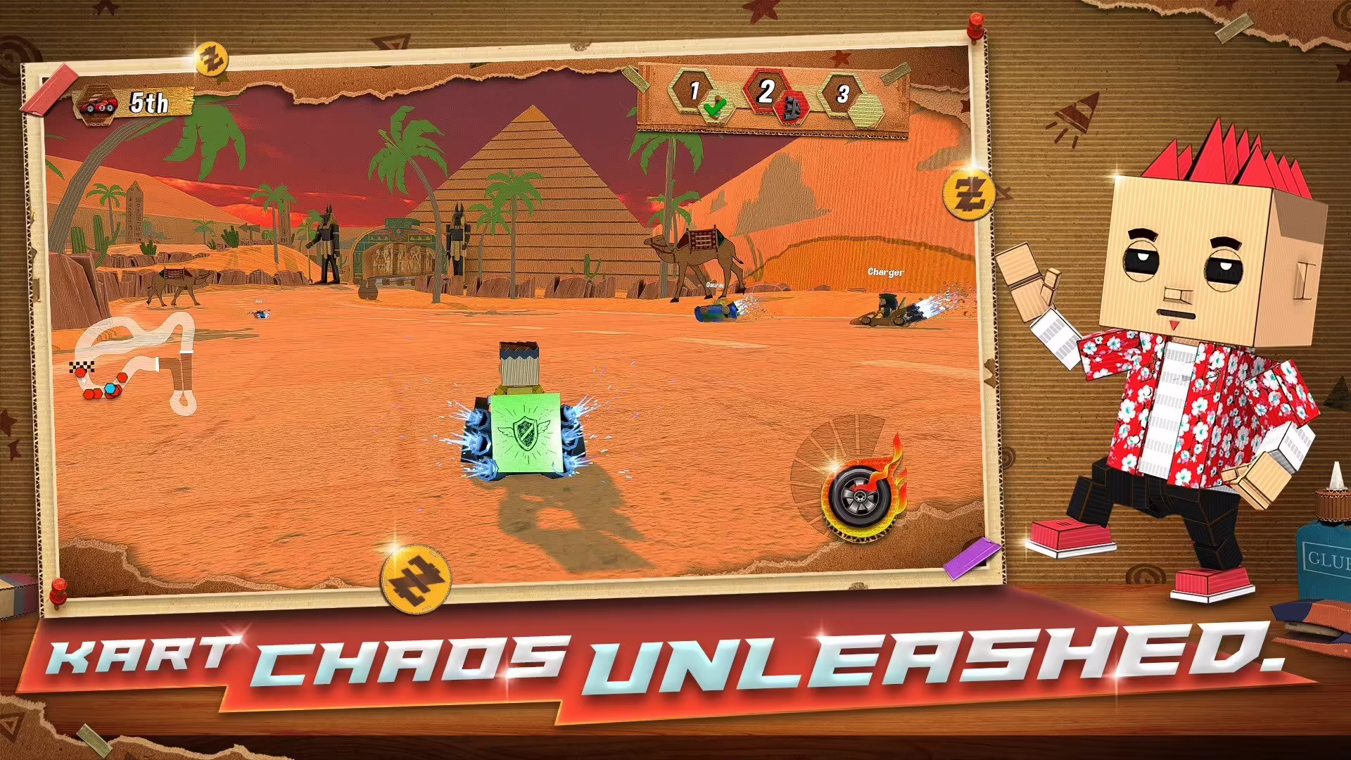 Un kart fatto di cartone sfreccia su una pista colorata in Kartboard Dash