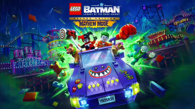 Immagine promozionale di LEGO Batman: Legacy of the Dark Knight con Joker e Harley Quinn, che evidenzia il nuovo DLC Mayhem Collection e l'uscita su Nintendo Switch 2.