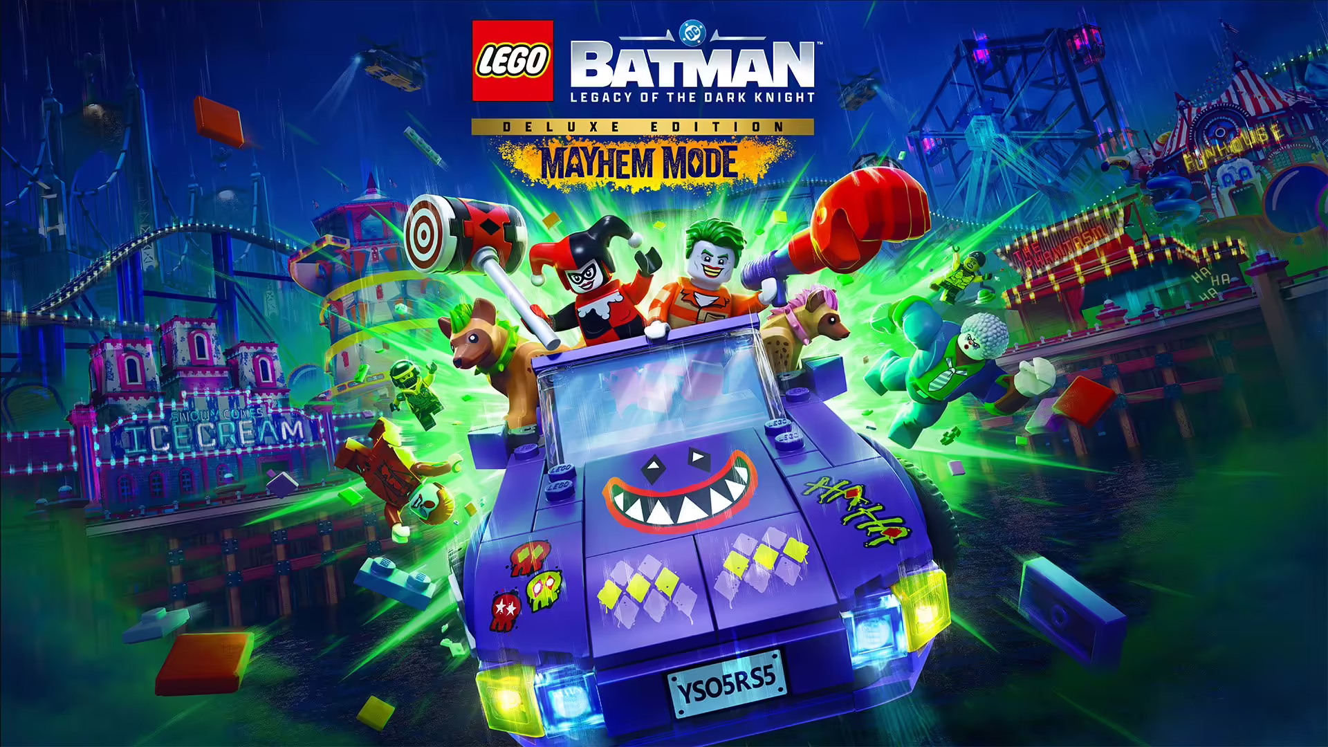 Immagine promozionale di LEGO Batman: Legacy of the Dark Knight con Joker e Harley Quinn, che evidenzia il nuovo DLC Mayhem Collection e l'uscita su Nintendo Switch 2.