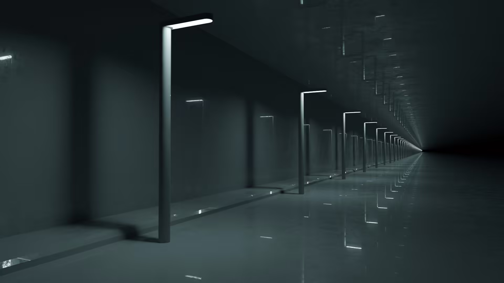 Un corridoio infinito e desolato del Labyrinth in Blackshard, illuminato da una luce eterea