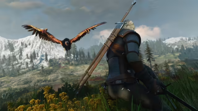 Geralt di Rivia a cavallo, con dettagli grafici migliorati, in The Witcher 3: Wild Hunt - Remastered