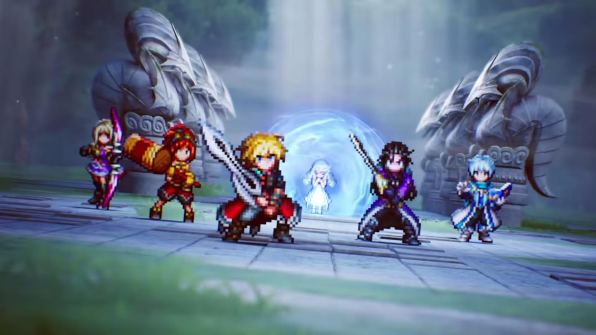 Un'immagine di gioco di Final Fantasy Resonance che mostra lo stile grafico HD-2D con i personaggi Rain e Lasswell